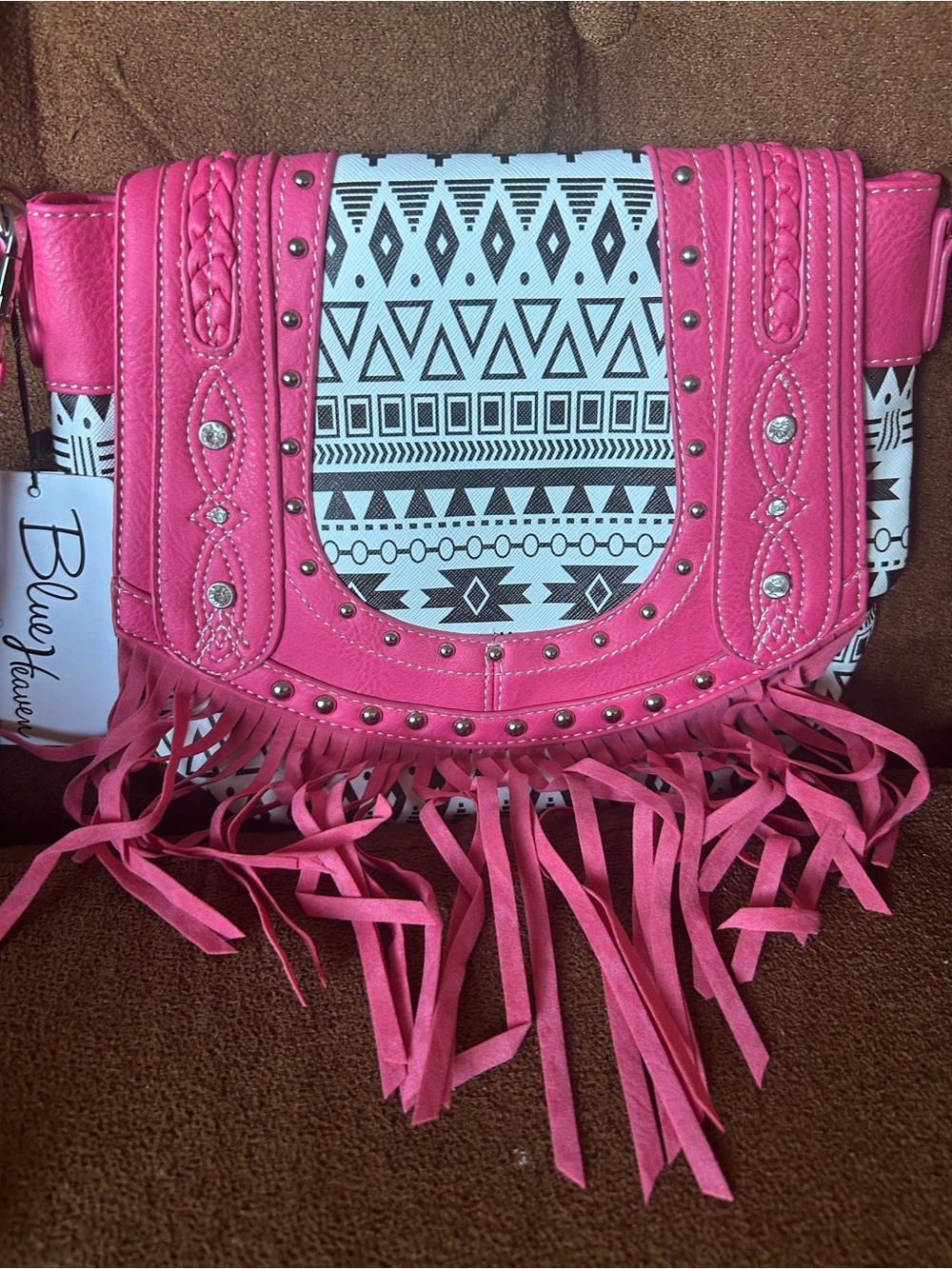 Pink Aztec Fringe Crossbody Bag